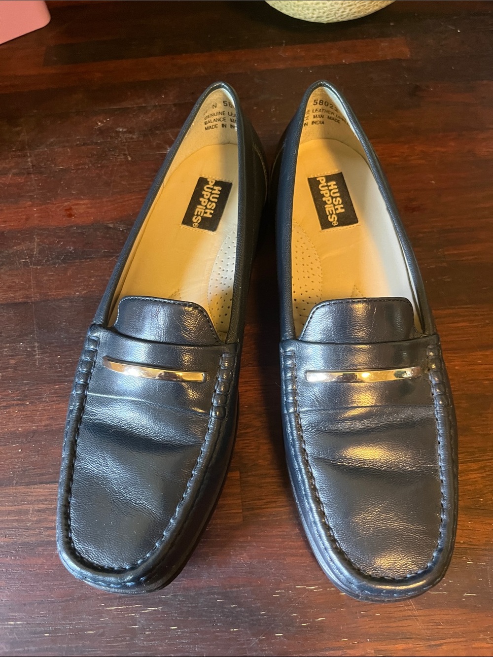 Hush Puppies Navy Blue Leather Loafers Silver Bar Detail